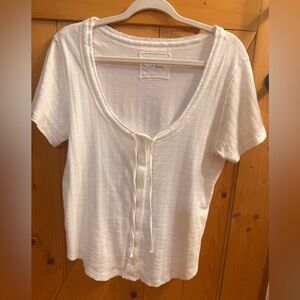 aerie White Short Sleeve Ribbed Button-Front Top